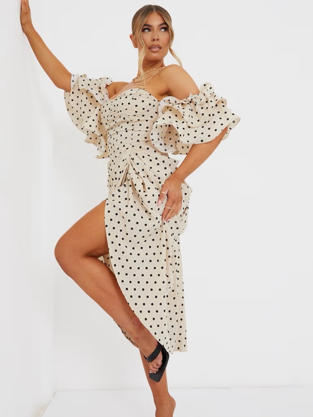 Polka Dot Off-Shoulder Ruffle Midi Dress in Cream - Picture 2 of 7